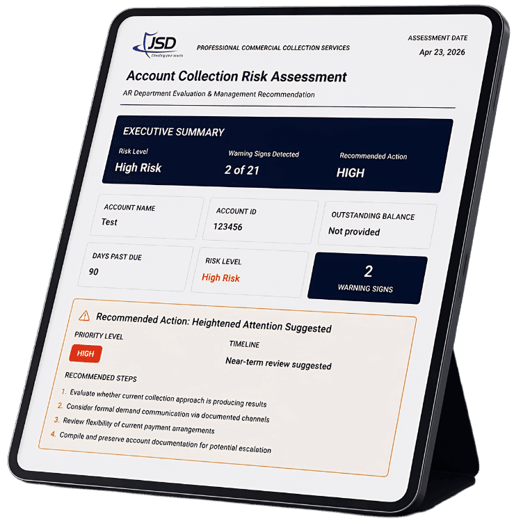 Vital Warning Signs assessment shown on a tablet — Account Collection Risk Assessment with executive summary, risk level, and recommended action steps