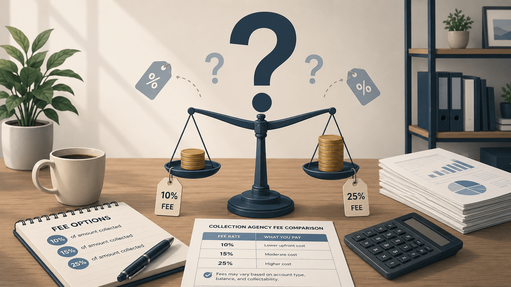A scale weighing a 10% fee against a 25% fee, next to a collection agency fee comparison sheet