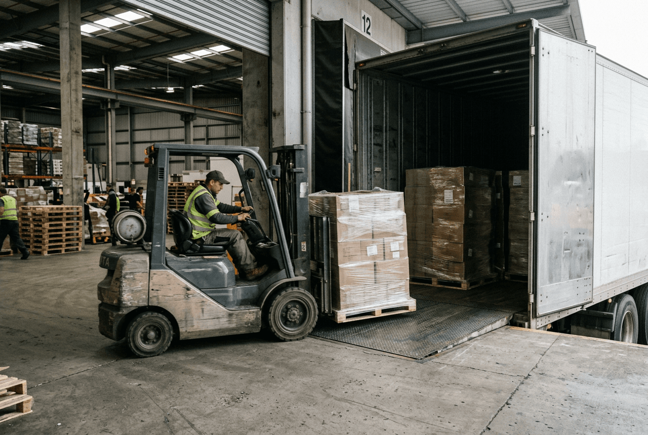 Palletized freight being loaded into a trailer at a warehouse dock
