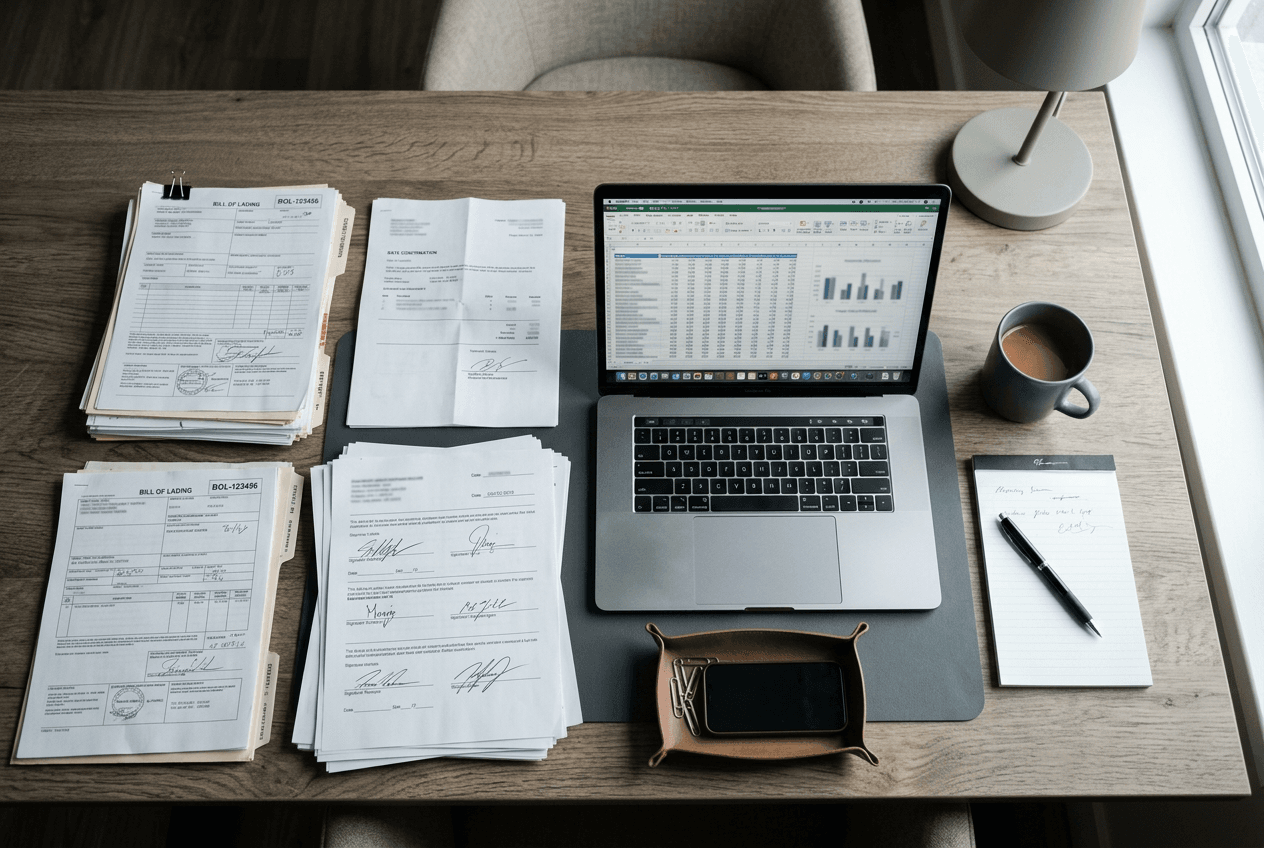 Bills of lading, delivery receipts, and rate confirmations laid out for account review