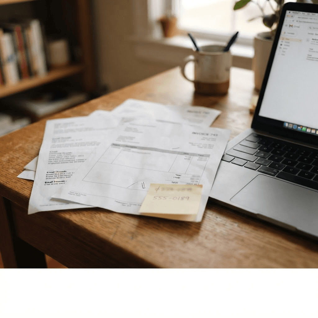 An invoice, printed emails, and a note laid out next to a laptop, the kind of loose paperwork a small business already has on hand