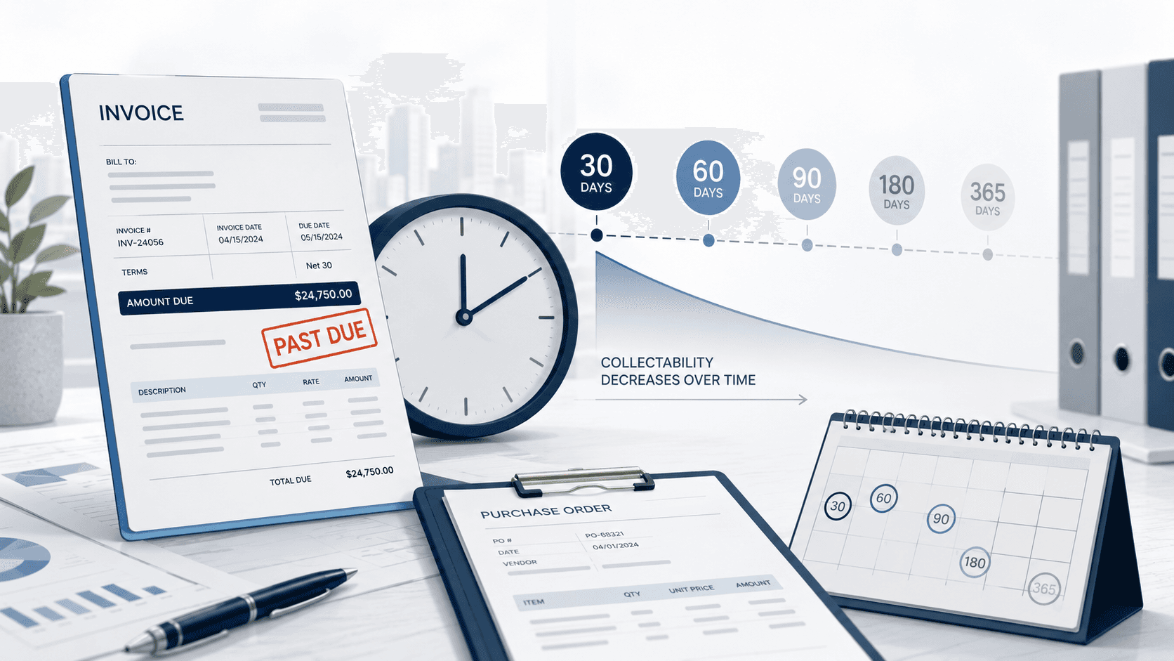 A past-due invoice and purchase order alongside a collectability curve showing recovery probability declining sharply from 30 days through 365 days past due