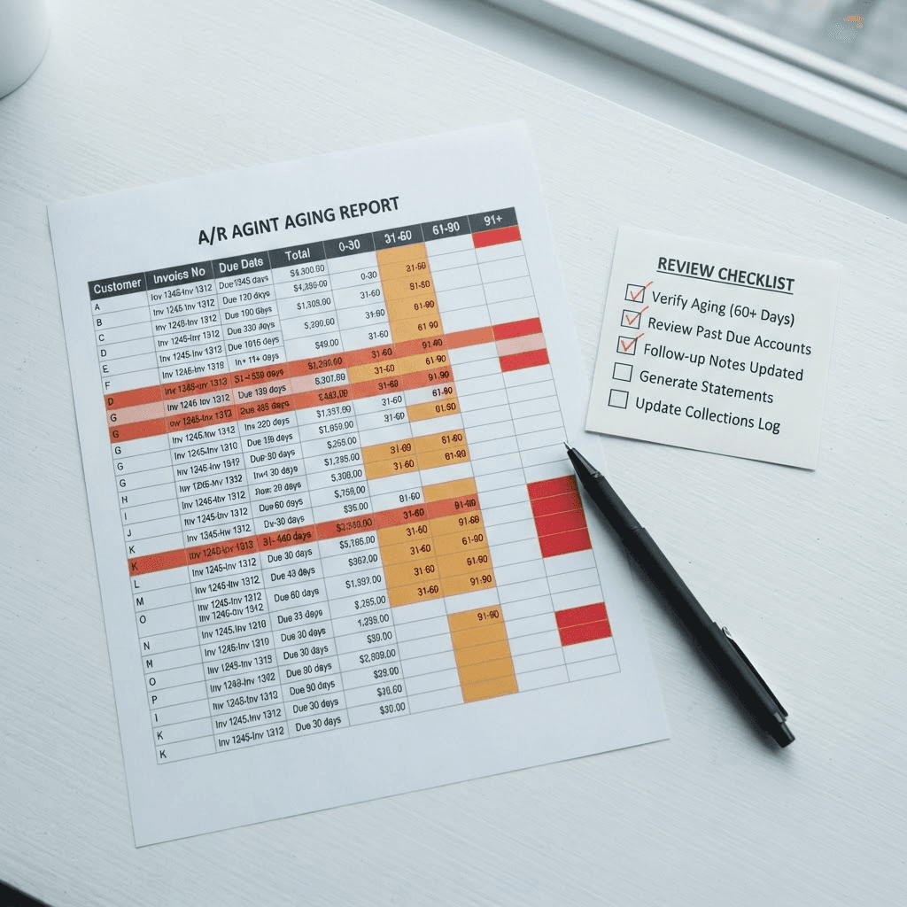 An accounts receivable aging report with highlighted past-due rows beside a printed warning signs checklist, illustrating how behavioral signals are tracked alongside invoice age