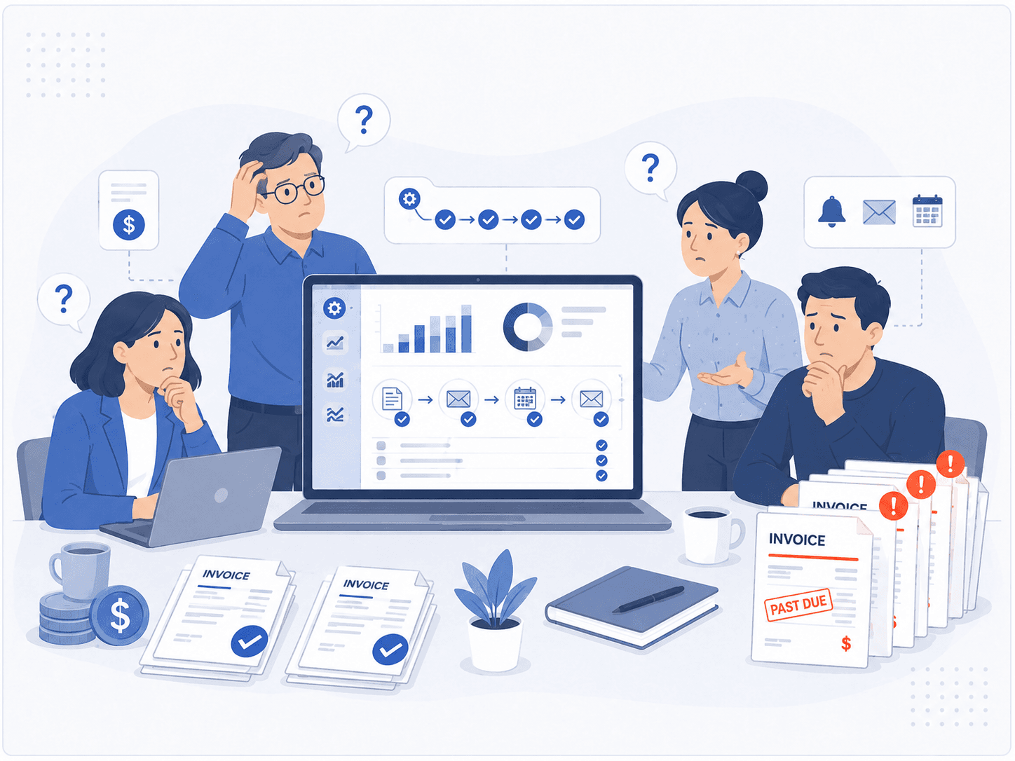 A finance team gathered around AR automation dashboards with past-due invoices on the desk, looking uncertain about what to do next