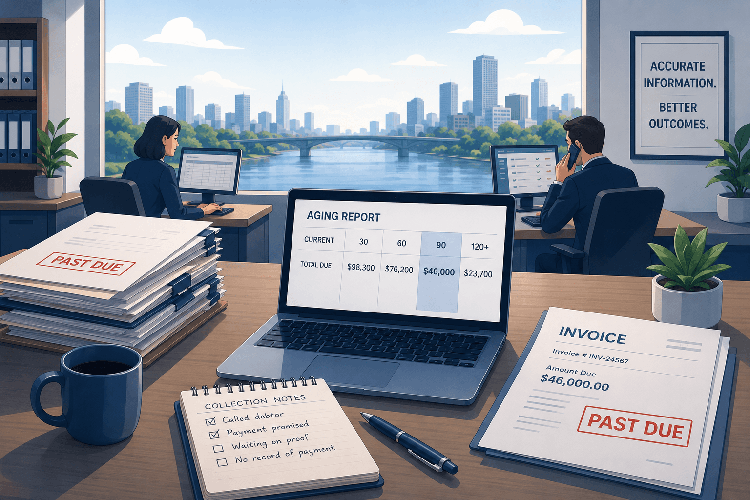 Accounts receivable team reviewing an aging report, past-due invoices, and collection notes