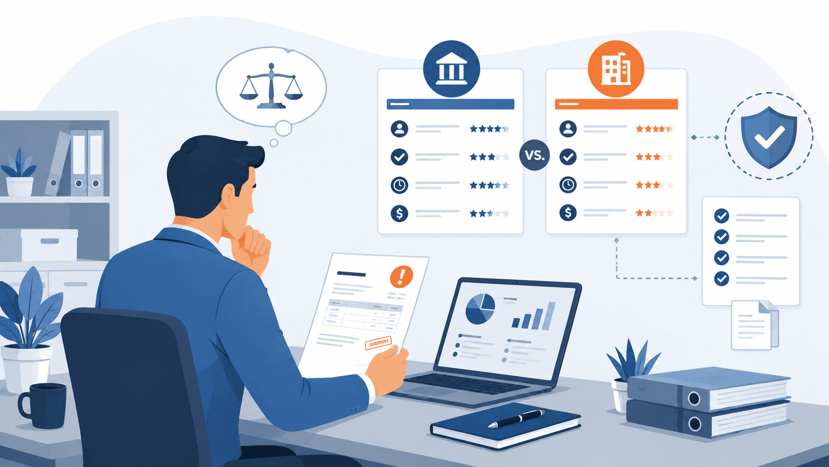 A business owner comparing two collection agencies side by side on experience, communication, timing, and fees, with a vetting checklist and a verified-credentials shield