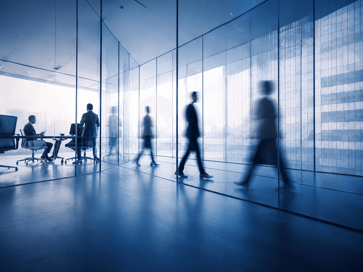 Office with motion-blurred silhouettes of professionals walking past glass walls