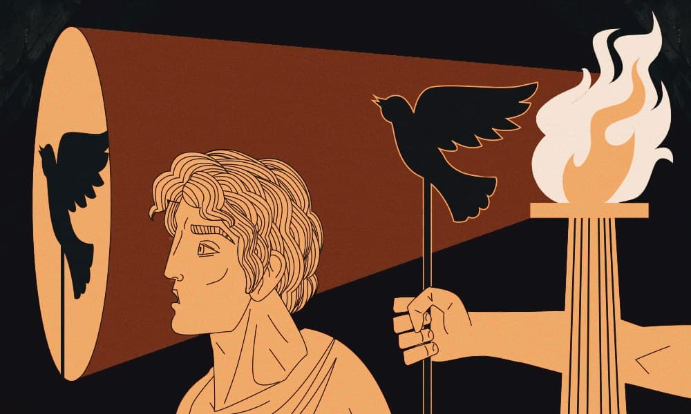 A figure in Greek pottery style watches the shadow of a bird cast on the cave wall by a torch flame, illustrating how the fire behind the prisoners creates the shadows they mistake for reality