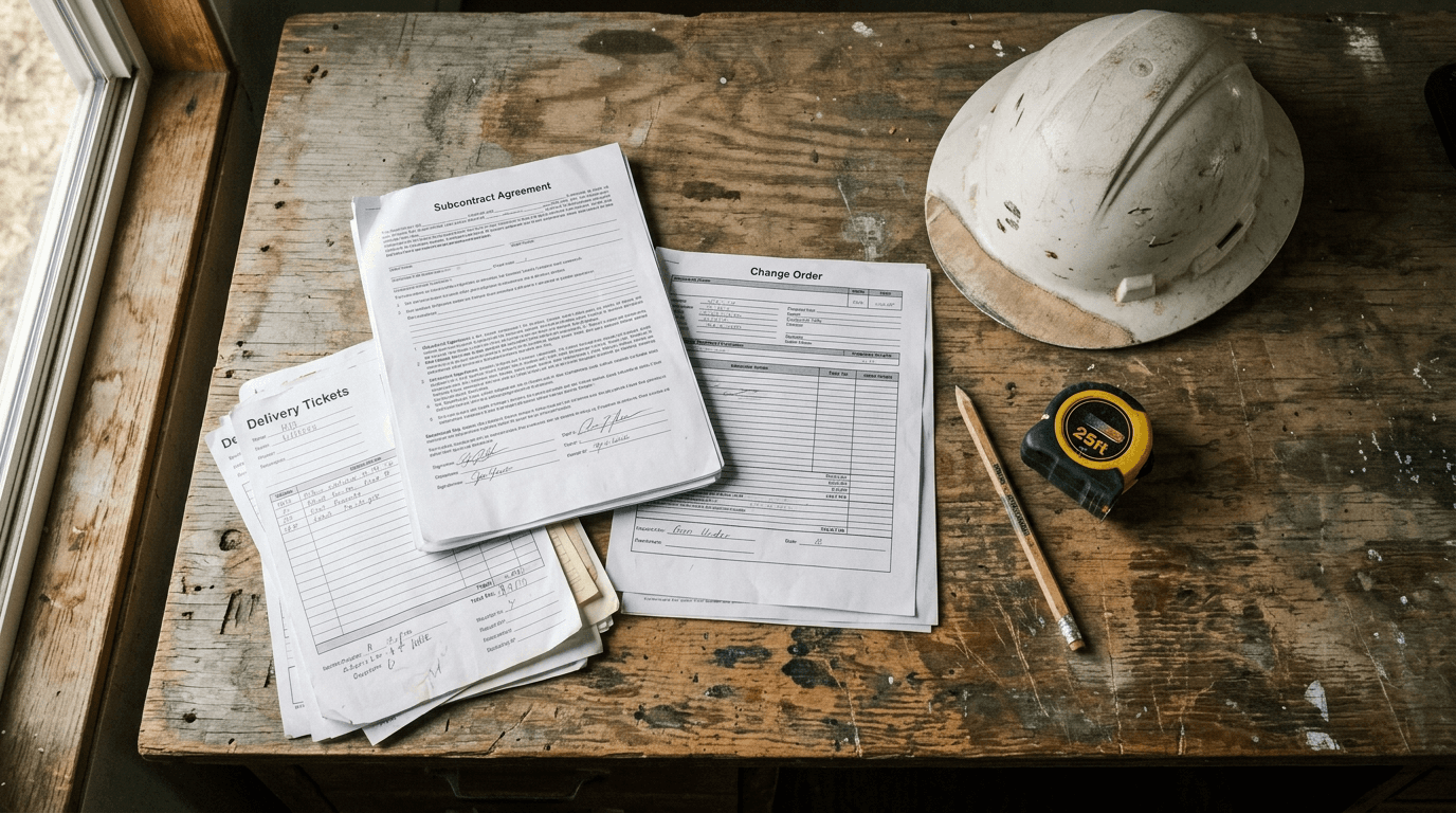 Subcontract, change orders, and delivery tickets laid out on a jobsite trailer desk
