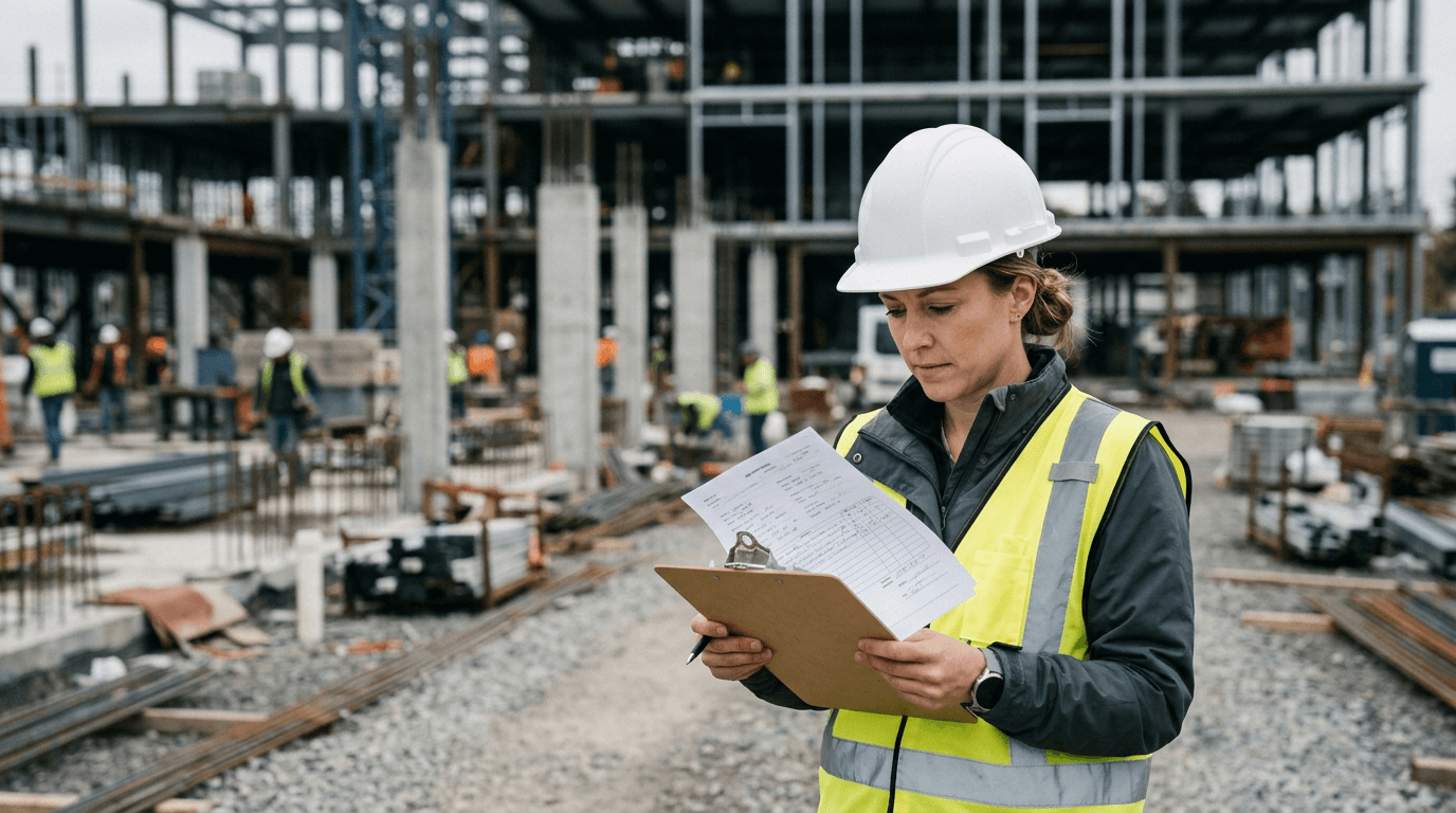 Project manager on a jobsite reviewing a pay application on a clipboard