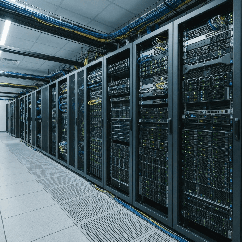Rack-mounted servers and network equipment in a corporate technology room