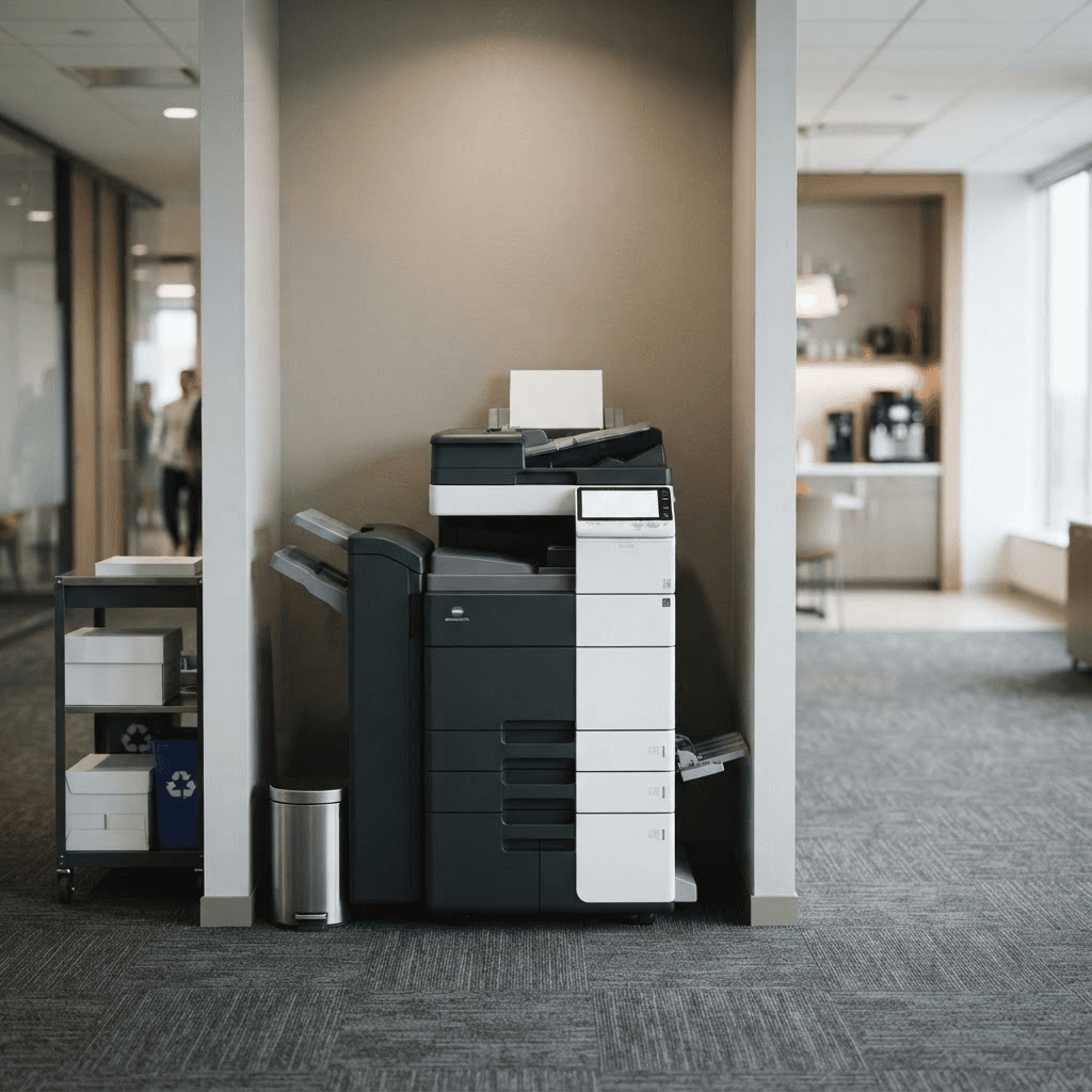 Multifunction office printer in a corporate hallway — common equipment in leasing disputes
