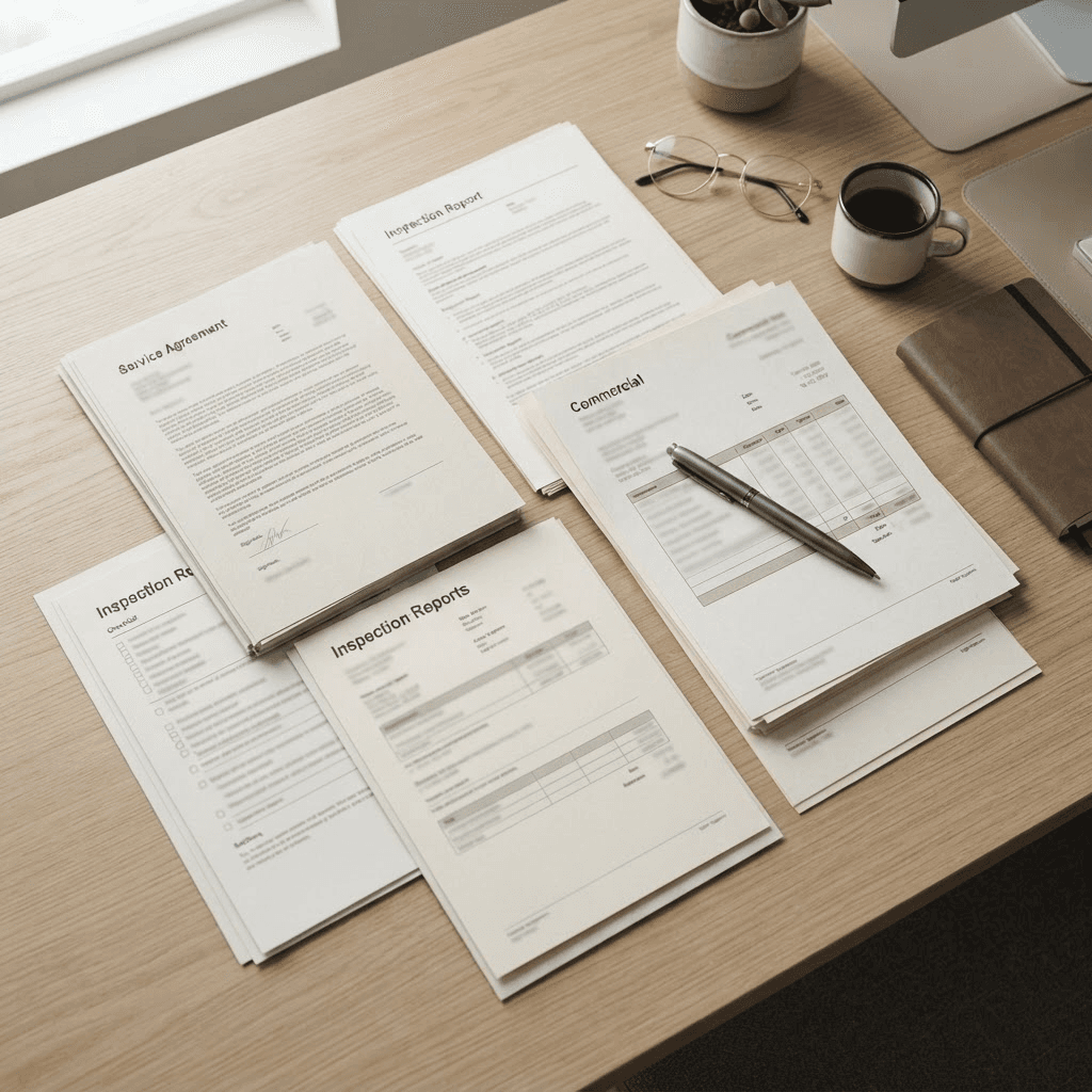Commercial service agreements, inspection reports, and invoices laid out on a desk for review