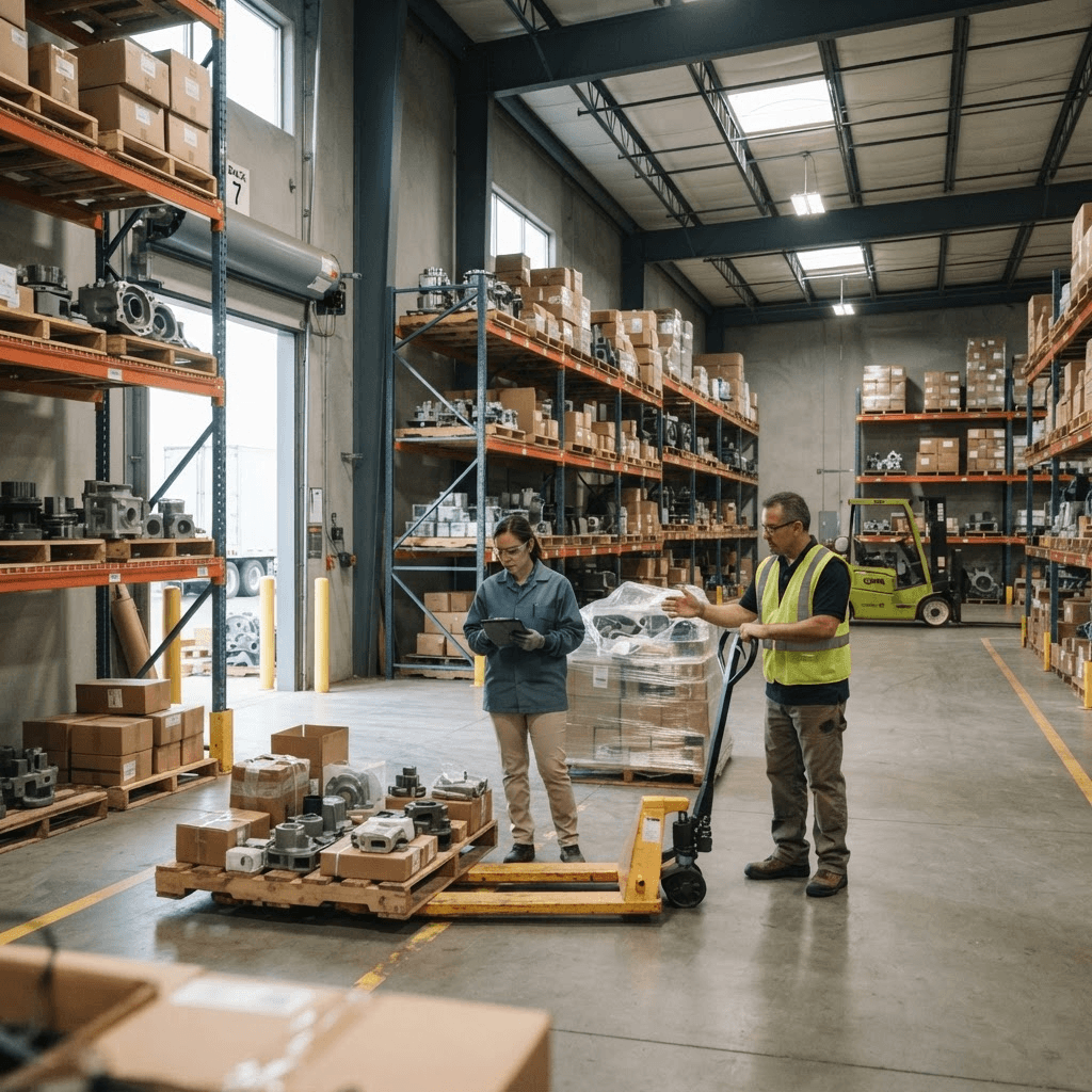 Manufactured components staged for commercial distribution and shipment