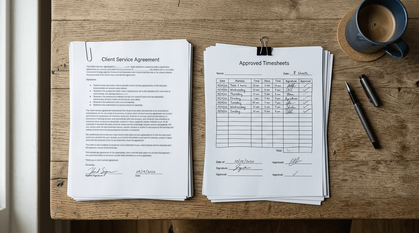 Signed client service agreement and approved timesheets laid out for account review