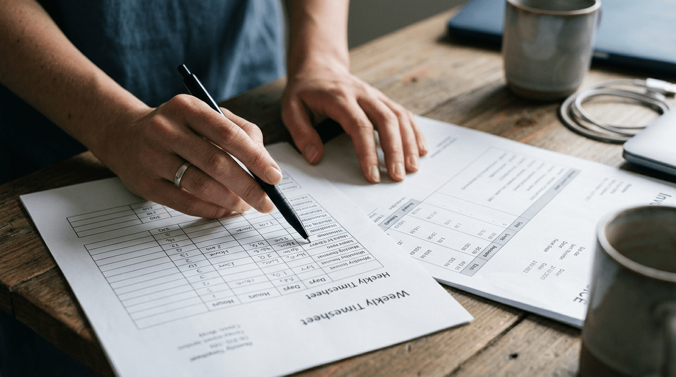 Staffing coordinator reviewing printed weekly timesheets against an invoice