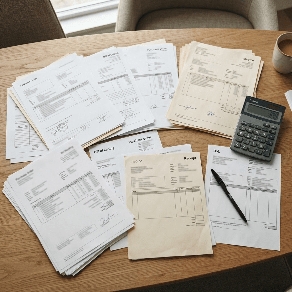 Purchase orders, delivery receipts, and shipping invoices laid out on a desk for review