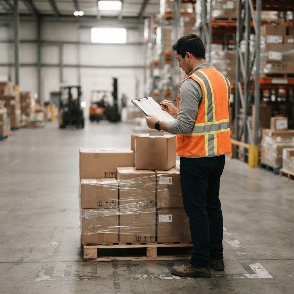 Warehouse worker checking a shipment of boxed goods against a delivery invoice