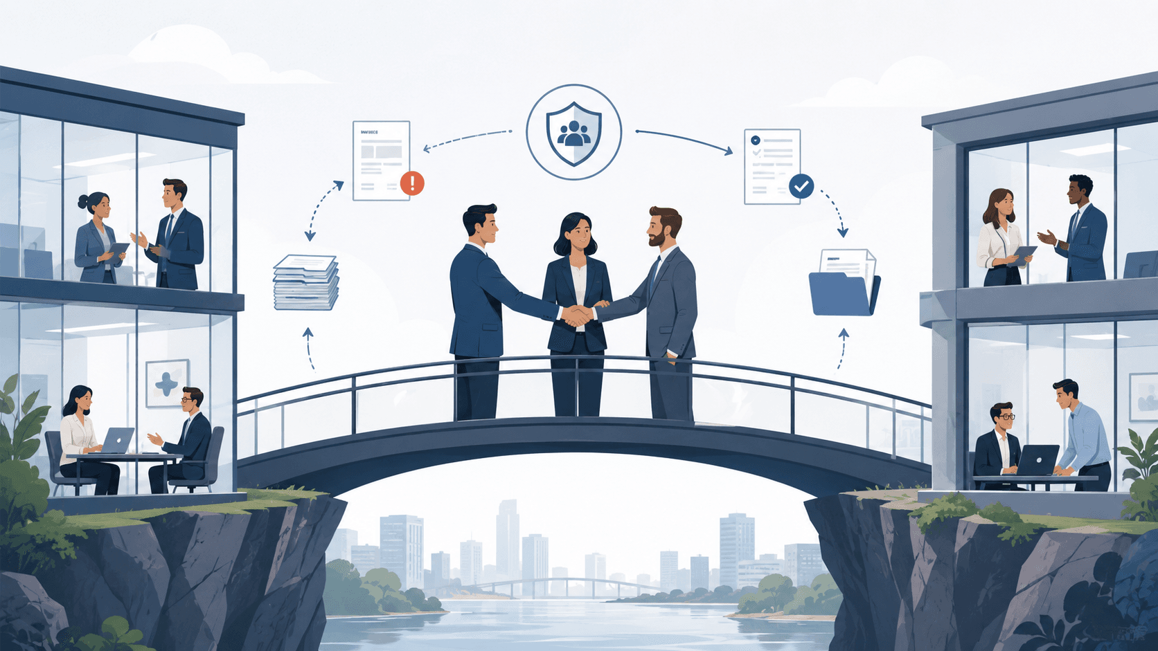 Two businesses on opposite sides of a bridge with a professional mediator in the center, illustrating how a commercial collection agency acts as an intermediary between creditor and debtor