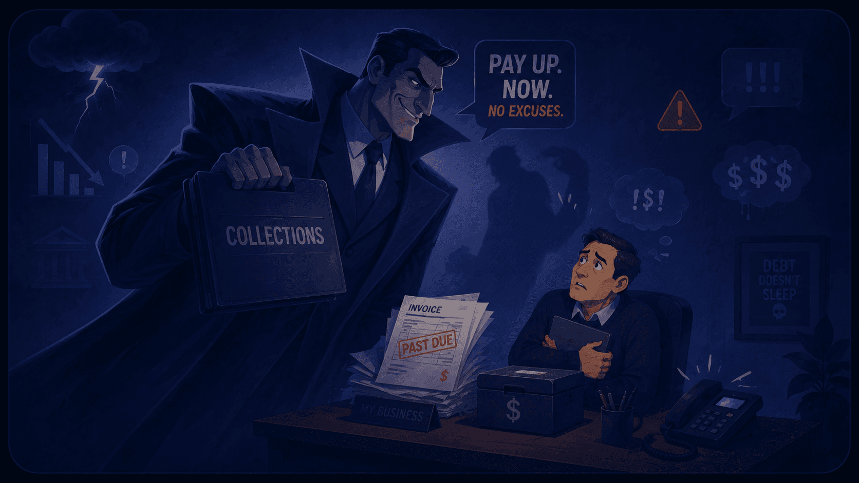 A menacing villain-like figure in a long coat holding a briefcase labelled Collections looms over a frightened businessman at a desk with a past due invoice, representing the public's exaggerated picture of debt collectors