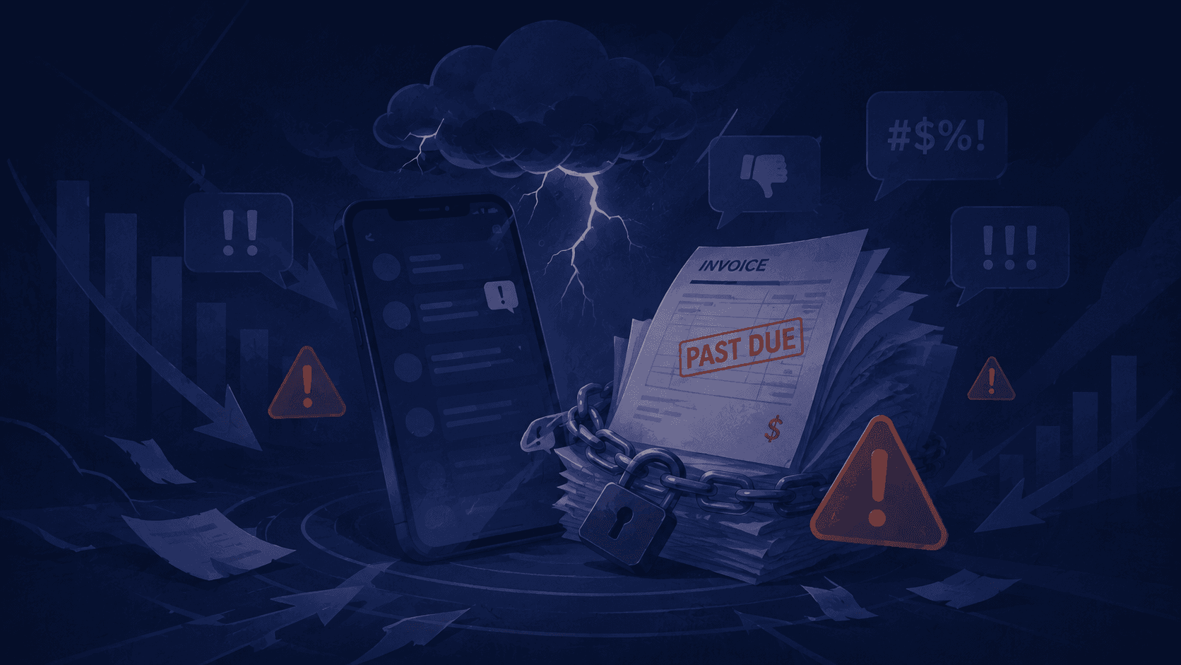 A stormy scene with a past due invoice wrapped in chains and a padlock beside a phone showing notifications, warning symbols scattered around, representing the fear and dread associated with debt collection