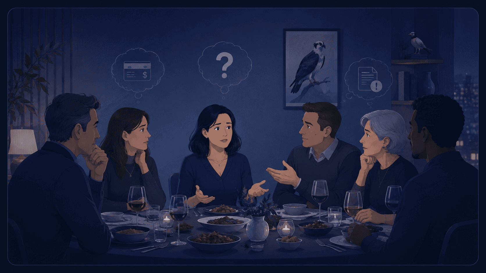 A group of people at a dinner table reacting with confusion and concern as a woman explains she works in collections, thought bubbles showing invoices and question marks above their heads