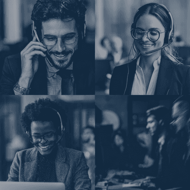 Call center professionals with headsets making collection calls